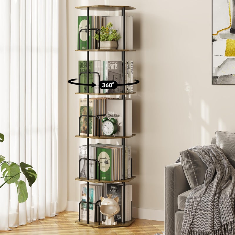 SUNMORY 5 Tier Rotating Bookshelf Tower, Revolving 360 Â° Spinning Bookcase, Hexagonal Corner Book Shelf Storage Carousel, Vertical Rotate Turning Organizer Book Shelves for Living Room Office Bedroom - Image 1