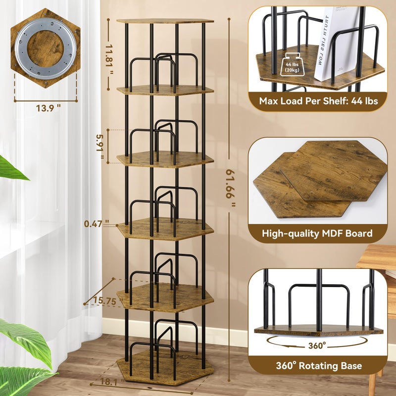 SUNMORY 5 Tier Rotating Bookshelf Tower, Revolving 360 Â° Spinning Bookcase, Hexagonal Corner Book Shelf Storage Carousel, Vertical Rotate Turning Organizer Book Shelves for Living Room Office Bedroom - Image 2