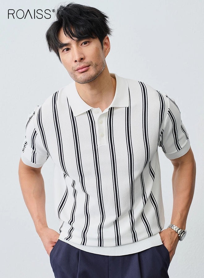 roaiss Men's Italian Contrast Striped Polo Shirt Casual Versatile Knitted Button-Down Lapel Short Sleeve Ice Silk Retro Simple Trend Loose T-Shirt Black and White Stripes - Image 3