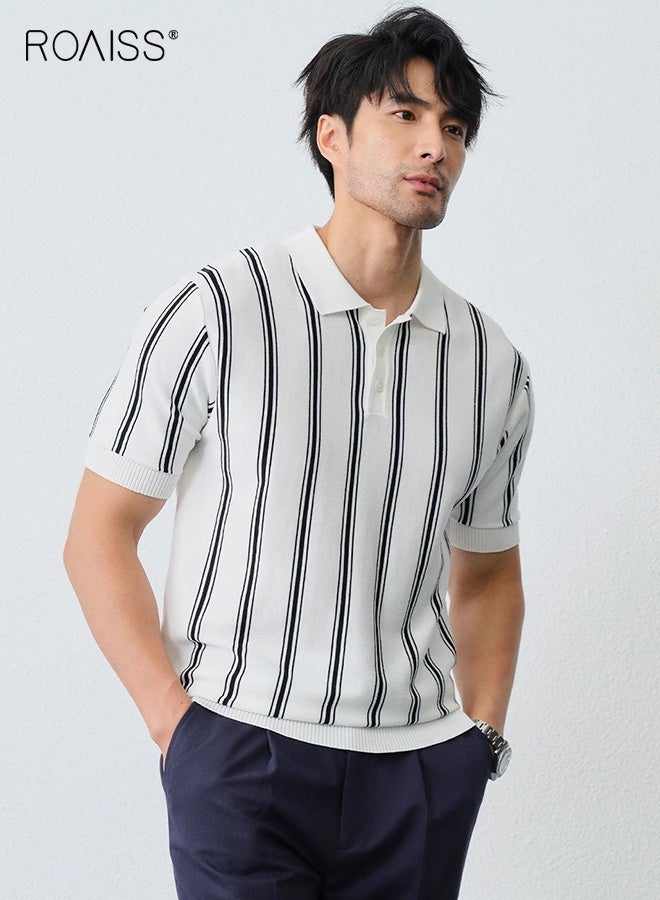 roaiss Men's Italian Contrast Striped Polo Shirt Casual Versatile Knitted Button-Down Lapel Short Sleeve Ice Silk Retro Simple Trend Loose T-Shirt Black and White Stripes - Image 2