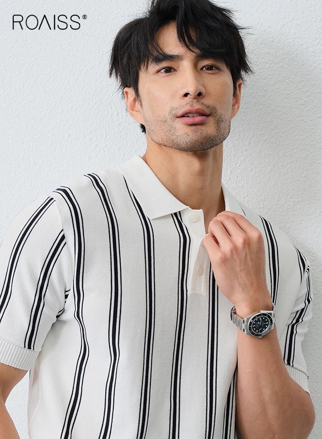 roaiss Men's Italian Contrast Striped Polo Shirt Casual Versatile Knitted Button-Down Lapel Short Sleeve Ice Silk Retro Simple Trend Loose T-Shirt Black and White Stripes - Image 4