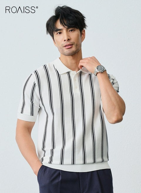 Men's Italian Contrast Striped Polo Shirt Casual Versatile Knitted Button-Down Lapel Short Sleeve Ice Silk Retro Simple Trend Loose T-Shirt Black and White Stripes