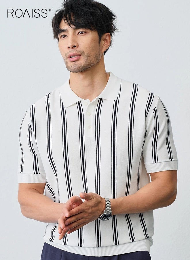 roaiss Men's Italian Contrast Striped Polo Shirt Casual Versatile Knitted Button-Down Lapel Short Sleeve Ice Silk Retro Simple Trend Loose T-Shirt Black and White Stripes - Image 5