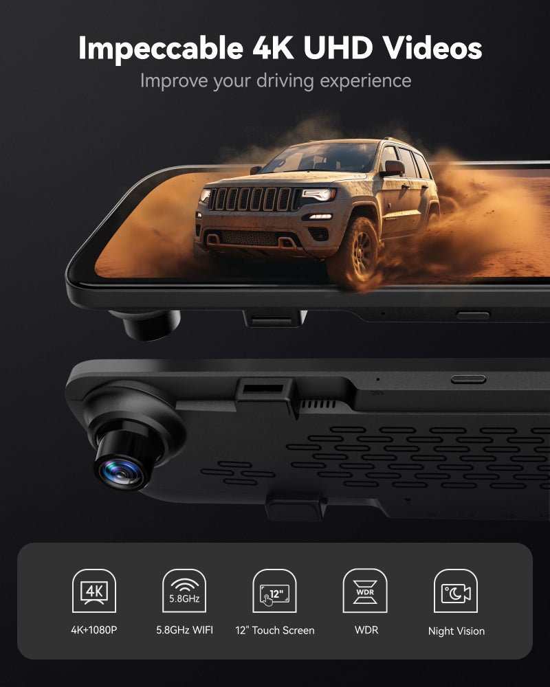 WOLFBOX كاميرا مرآة خلفية WOLFBOX G840S 12" 4K، كاميرا احتياطية، 2160P عالية الدقة، مرآة ذكية للسيارات والشاحنات، كاميرات مزدوجة أمامية وخلفية، رؤية ليلية، مساعدة في ركن السيارة، بطاقة 32GB مرفقة ونظام GPS - Image 2