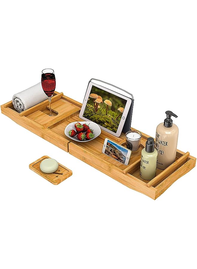 IAF Caddy Tray, 1 or 2 Person Bath and Bed Tray, Bath Tub Table Caddy with Extending Sides - Luxury Bamboo Bathtub Caddy Tray with Book and Wine Holder (Natural) - Image 1