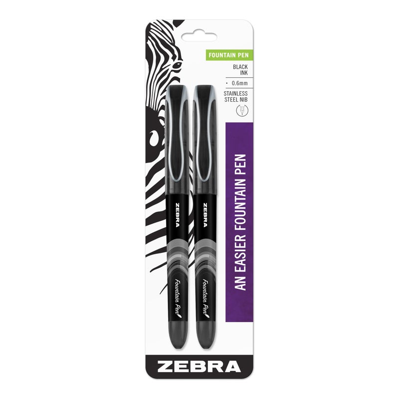 Zebra Pen, Fountain Pen, 0.6mm Fine Point, Stainless Steel Nib, Preloaded Black Ink, Smooth Ink Flow, Classic Black Barrels, No Cartridge Needed, 2-Pack (48312) - Image 1