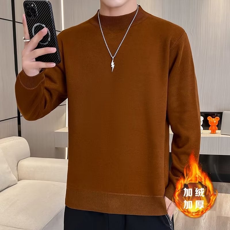 Mens Fleece Turtleneck Sweater Autumn Winter 2023 Korean Multi-Color Knitwear Warm Top Apricot