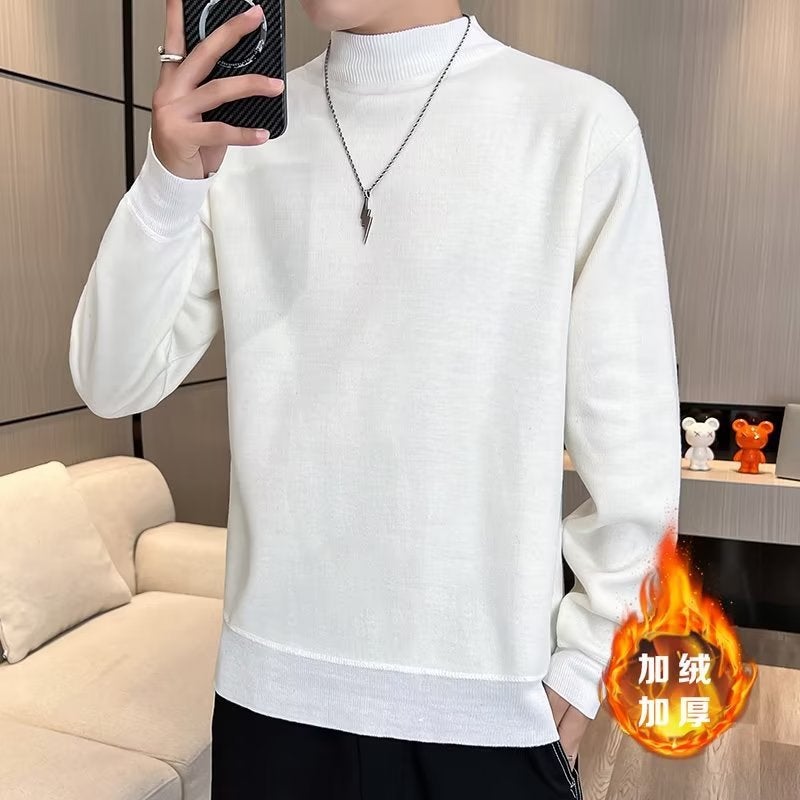 Mens Fleece Turtleneck Sweater Autumn Winter 2023 Korean Multi-Color Knitwear Warm Top Apricot