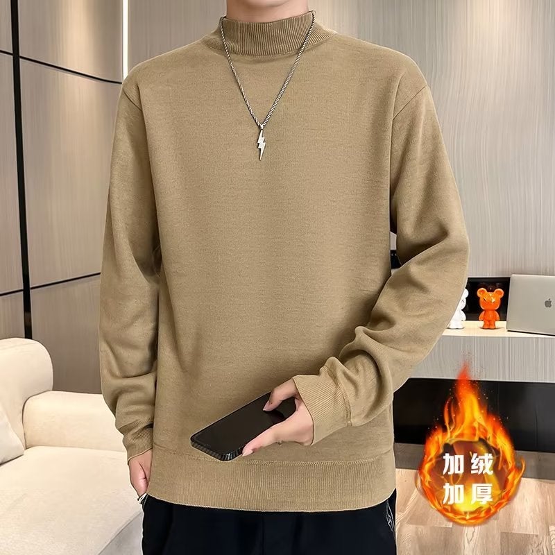 Mens Fleece Turtleneck Sweater Autumn Winter 2023 Korean Multi-Color Knitwear Warm Top Apricot