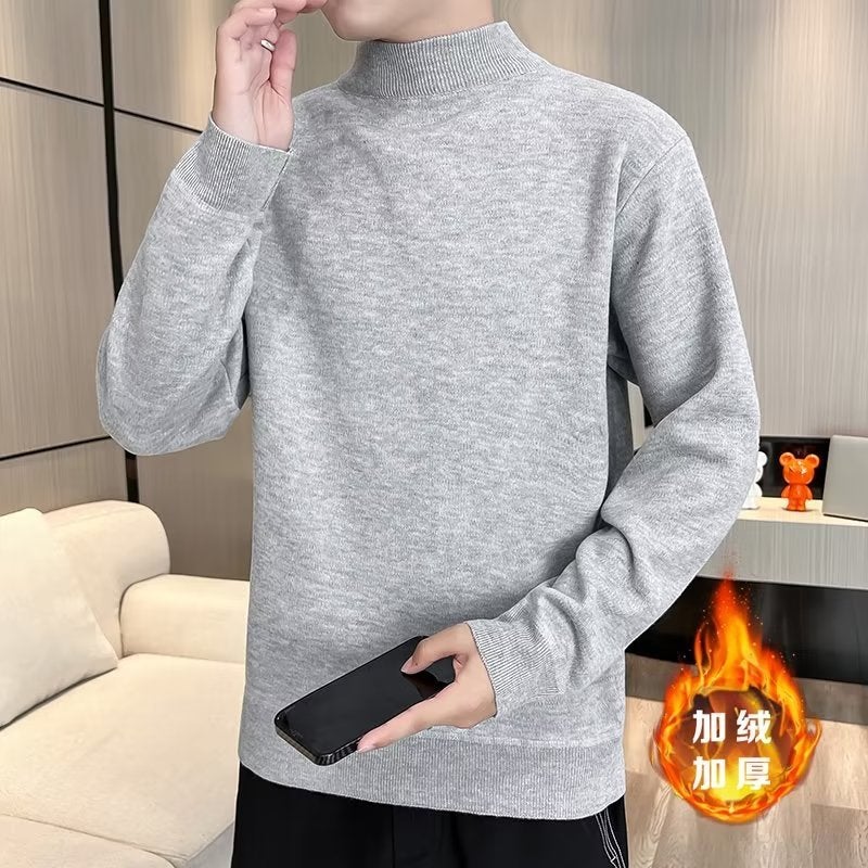 Mens Fleece Turtleneck Sweater Autumn Winter 2023 Korean Multi-Color Knitwear Warm Top Apricot