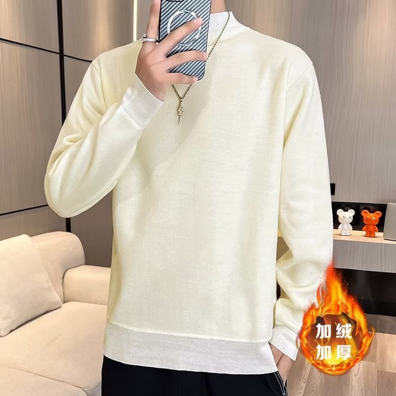 Mens Fleece Turtleneck Sweater Autumn Winter 2023 Korean Multi-Color Knitwear Warm Top Apricot