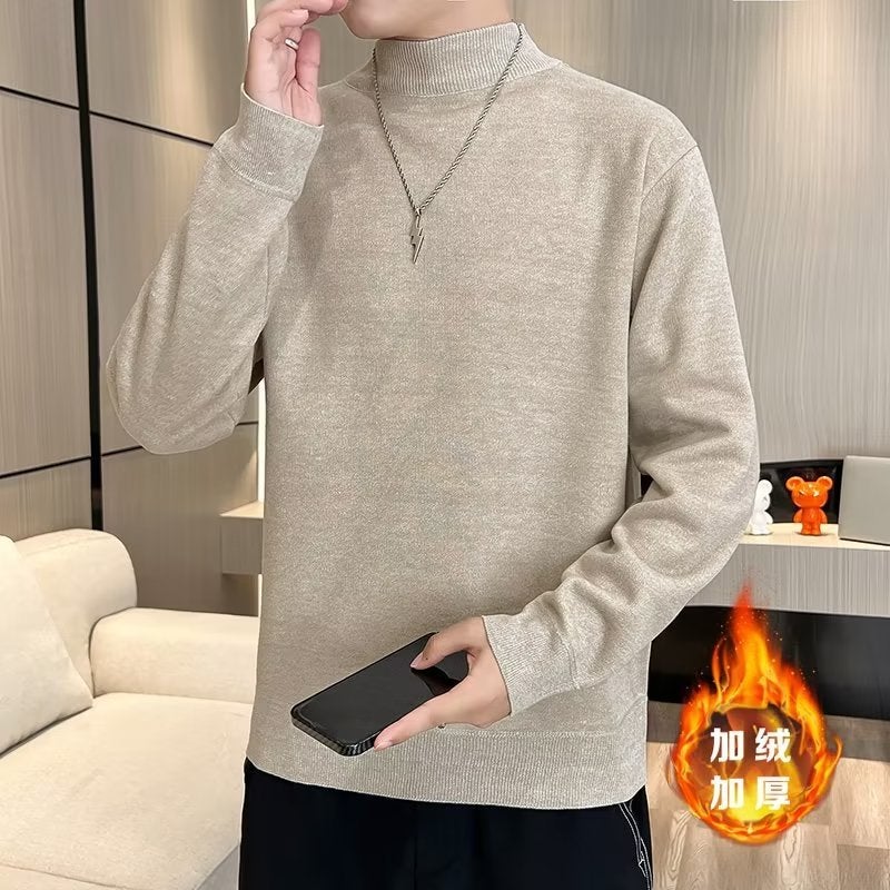 Mens Fleece Turtleneck Sweater Autumn Winter 2023 Korean Multi-Color Knitwear Warm Top Apricot
