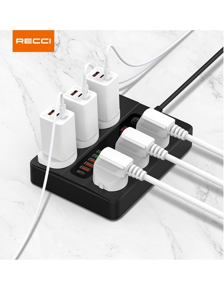 Recci 6 AC 5 USB & USB-C PD Multiport Socket - Black- PD-FWCH003-BK - Image 1