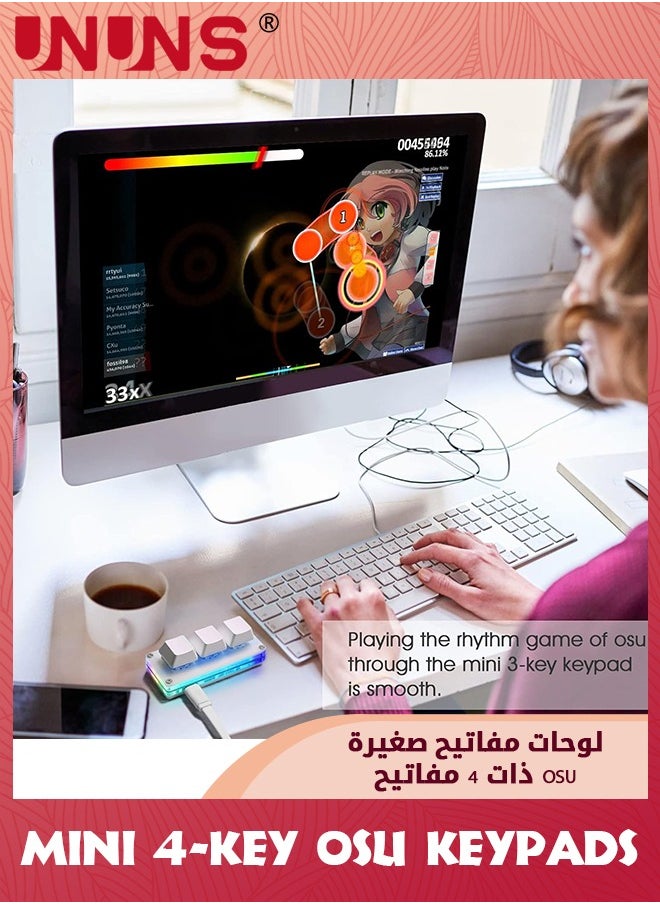 UNUNS - لوحة مفاتيح OSU صغيرة بأربعة مفاتيح، لوحة مفاتيح ميكانيكية قابلة للتبديل السريع بيد واحدة، ماكرو ذاتي البرمجة، لوحة مفاتيح للألعاب مع كابل بيانات USB-C بطول 1.5 متر، متوافقة مع نظام التشغيل iOS وWindows، عمود Cherry المحدث، إضاءة LED RGB - Image 1
