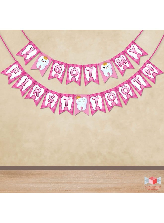 Wobbox First Tooth Photo Booth Party Props (13 Pcs) with I Got My 1st Tooth Check Pattern Bunting Banner, Pink Colour Stylish Font, First Tooth Decoration, First Tooth Decoration Items for Baby - Image 4