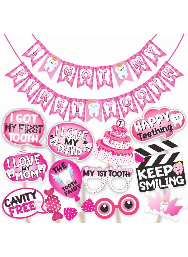 Wobbox First Tooth Photo Booth Party Props (13 Pcs) with I Got My 1st Tooth Check Pattern Bunting Banner, Pink Colour Stylish Font, First Tooth Decoration, First Tooth Decoration Items for Baby - Image 1