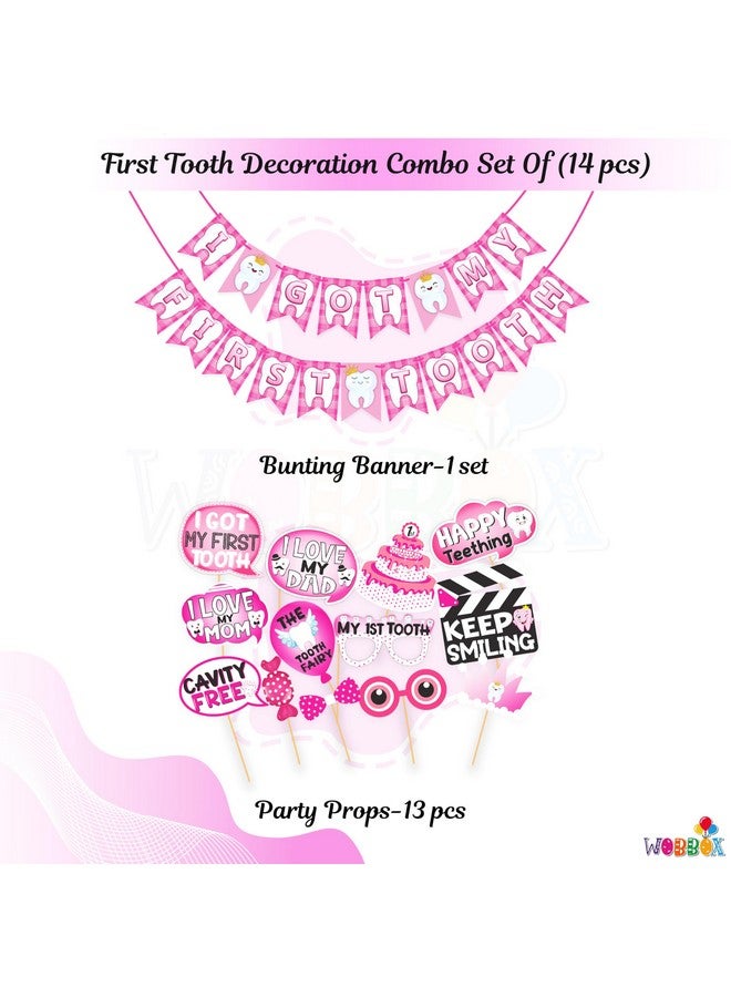 Wobbox First Tooth Photo Booth Party Props (13 Pcs) with I Got My 1st Tooth Check Pattern Bunting Banner, Pink Colour Stylish Font, First Tooth Decoration, First Tooth Decoration Items for Baby - Image 2