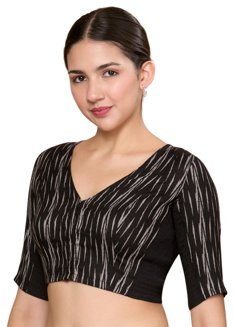 Studio Shringaar Women's Cotton Ikat Stretchable (Smocked) Readymade Saree Blouse (Black, 40) - Image 1