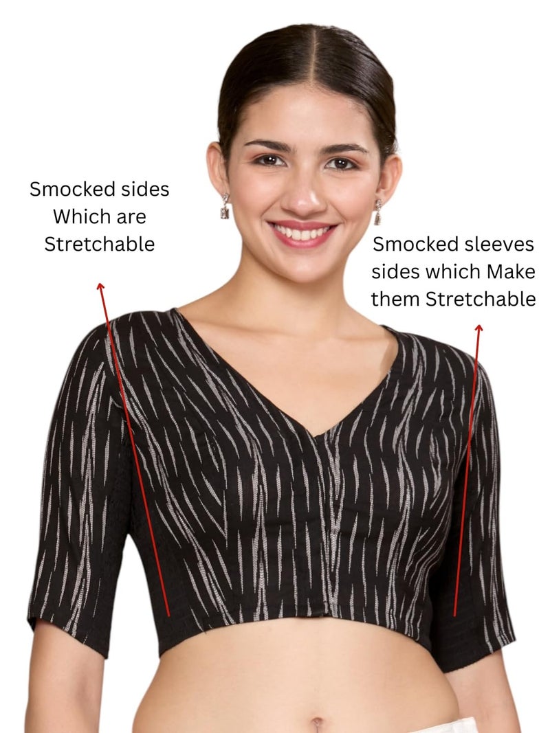 Studio Shringaar Women's Cotton Ikat Stretchable (Smocked) Readymade Saree Blouse (Black, 40) - Image 2