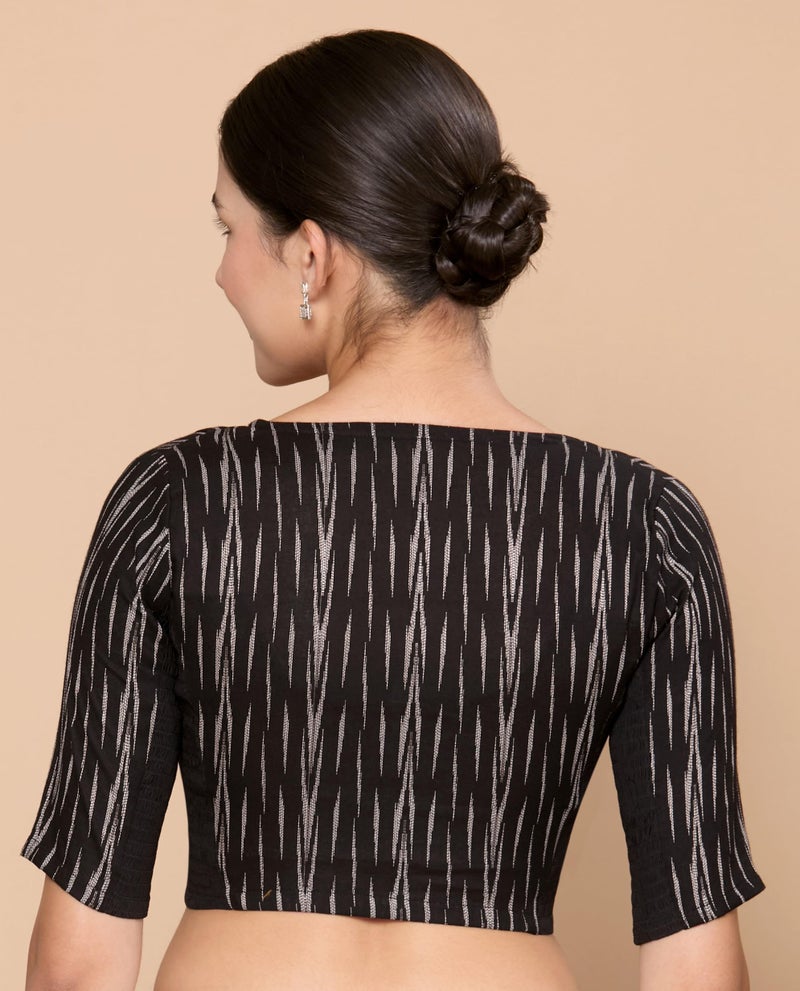 Studio Shringaar Women's Cotton Ikat Stretchable (Smocked) Readymade Saree Blouse (Black, 40) - Image 3