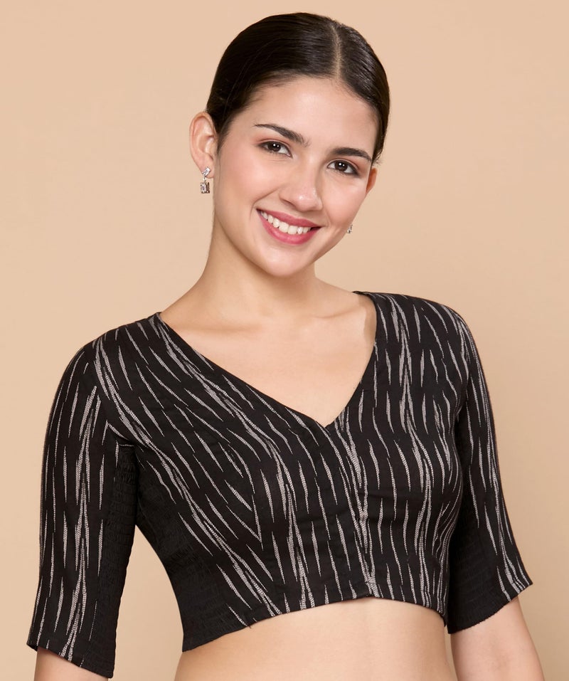 Studio Shringaar Women's Cotton Ikat Stretchable (Smocked) Readymade Saree Blouse (Black, 40) - Image 5