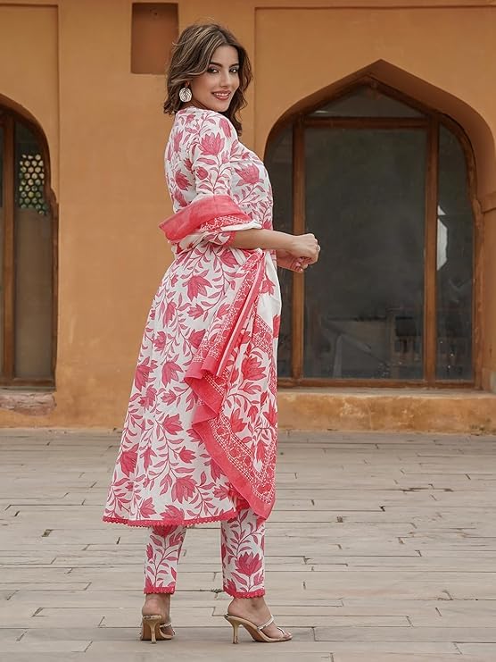 LookMark Women's Printed Cotton Blend A-line Kurta Pant Dupatta Set with Lace - Elegant Ethnic Wear for Women - Perfect for Casual and Festive Occasions (AZ-LM-OG-KS2114 RED-XL) - Image 4
