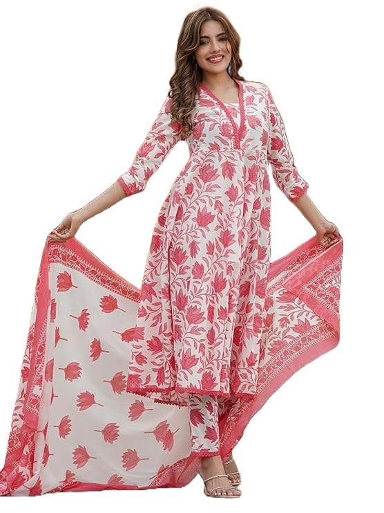 LookMark Women's Printed Cotton Blend A-line Kurta Pant Dupatta Set with Lace - Elegant Ethnic Wear for Women - Perfect for Casual and Festive Occasions (AZ-LM-OG-KS2114 RED-XL) - Image 1