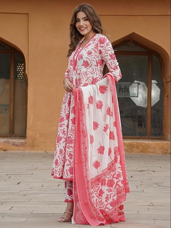 LookMark Women's Printed Cotton Blend A-line Kurta Pant Dupatta Set with Lace - Elegant Ethnic Wear for Women - Perfect for Casual and Festive Occasions (AZ-LM-OG-KS2114 RED-XL) - Image 3