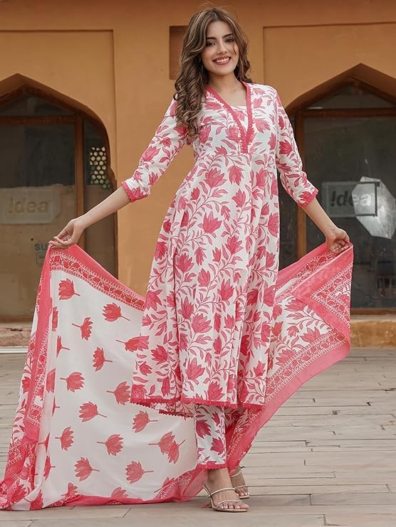LookMark Women's Printed Cotton Blend A-line Kurta Pant Dupatta Set with Lace - Elegant Ethnic Wear for Women - Perfect for Casual and Festive Occasions (AZ-LM-OG-KS2114 RED-XL) - Image 5