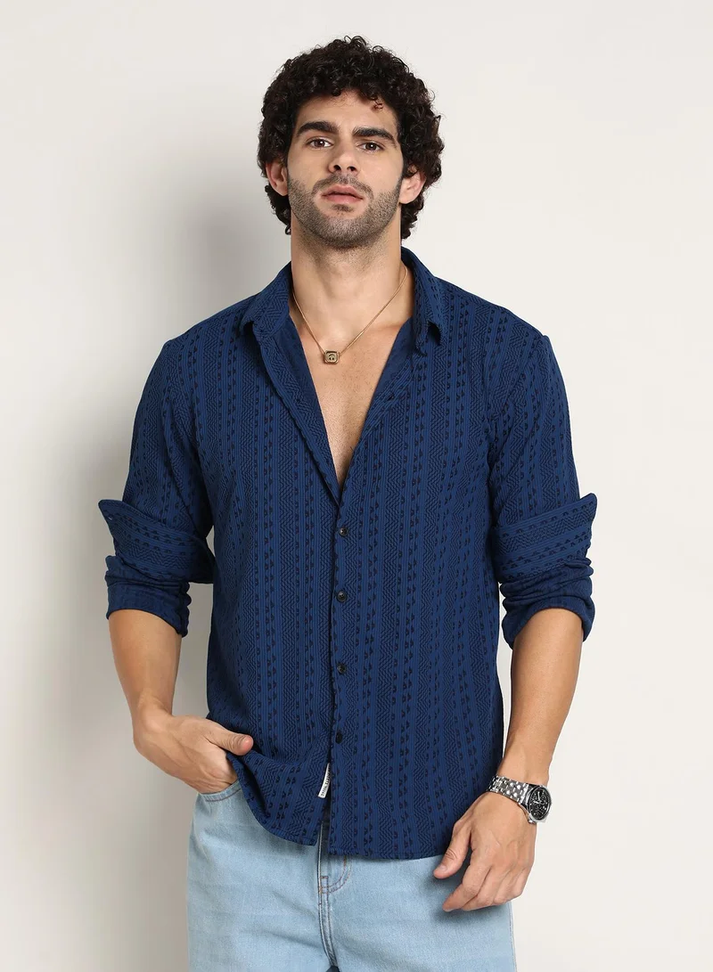كامبوس سوترا Men's Indigo Blue Chevron-Loop Shirt For Casual Wear | Mid-Rise | Regular Fit | Button Closure | Shirt Crafted With Comfort Fit For Everyday Wear