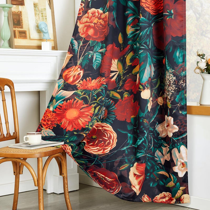 Estmy Boho Vintage Bedroom Curtains, Moody Black Floral Blackout Curtains 84 Inches Length 2 Panel, Night Garden Colorful Flowers Cute Country Window Curtain Panels for Bedroom Living Dining Room Kitchen - Image 2