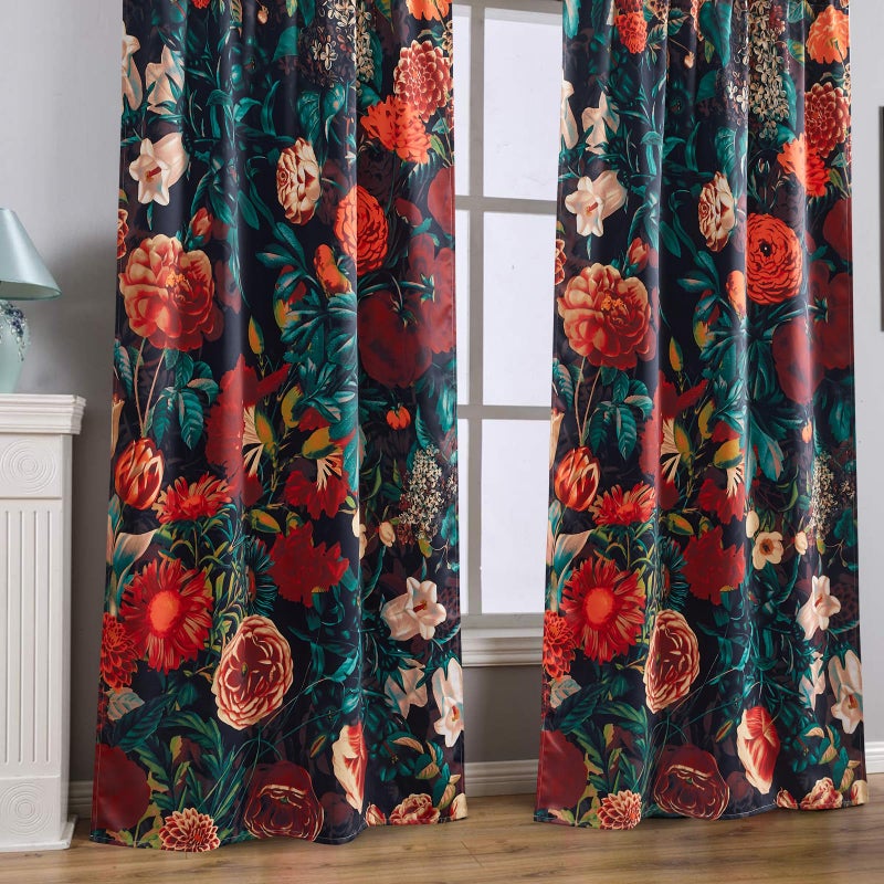 Estmy Boho Vintage Bedroom Curtains, Moody Black Floral Blackout Curtains 84 Inches Length 2 Panel, Night Garden Colorful Flowers Cute Country Window Curtain Panels for Bedroom Living Dining Room Kitchen - Image 3