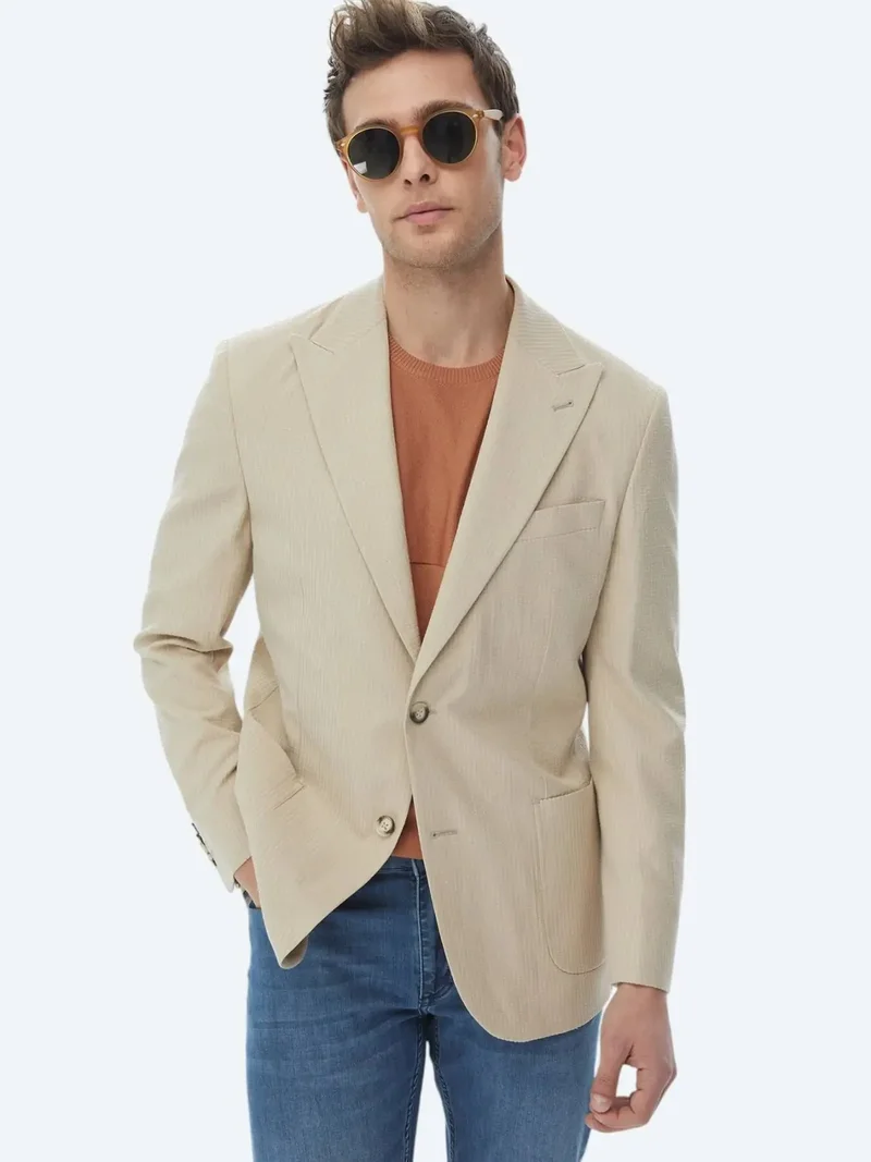 Kip Beige Striped Modern Fit Cotton Blended Jacket