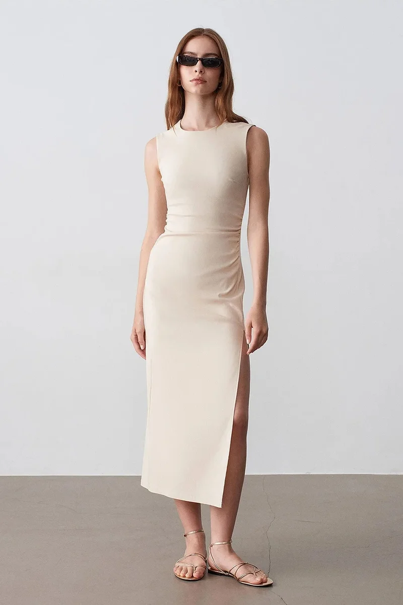 Dilvin Beige Natural DILVIN Fitted Sleeveless Midi Dress With Slit for Women | Best Price UAE