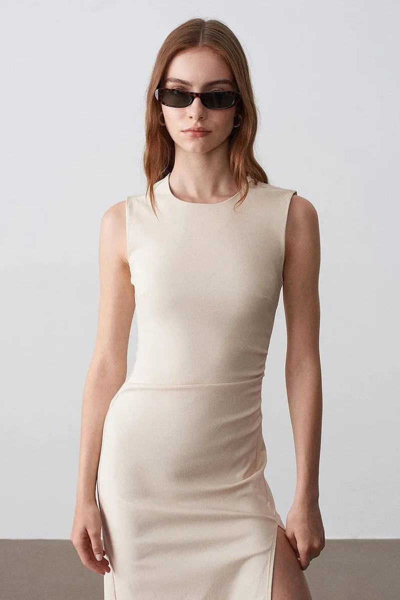 Dilvin Beige Natural DILVIN Fitted Sleeveless Midi Dress With Slit for Women | Best Price UAE