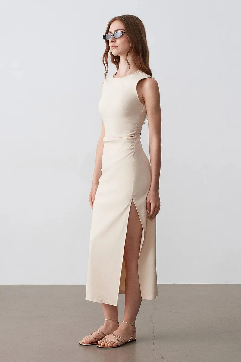 Dilvin Beige Natural DILVIN Fitted Sleeveless Midi Dress With Slit for Women | Best Price UAE