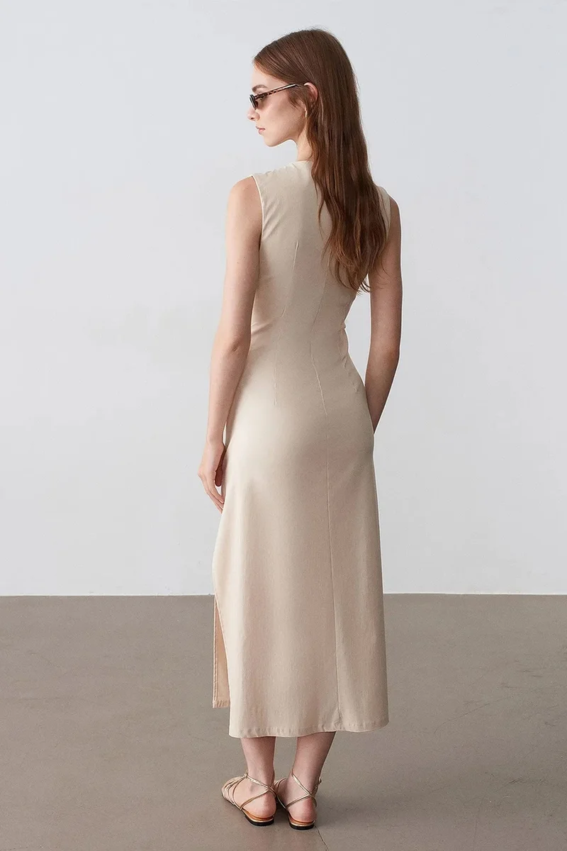 Dilvin Beige Natural DILVIN Fitted Sleeveless Midi Dress With Slit for Women | Best Price UAE
