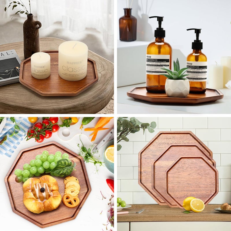 Renawe Set of 3 Acacia Wood Serving Trays Cheese Platters Party Hosting Essentials Gifts Charcuterie Board for Vegetable Fruit Food Round Tray Wooden Appetizer Platter Christmas Plates Dish Serving Boards - Image 4
