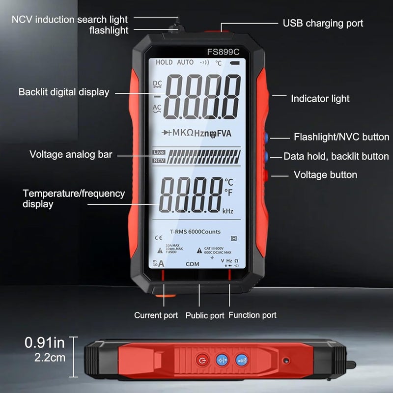 FS899C Digital Multimeter USB C Rechargeable Backlit Display RMS Voltage Current Capacitance - Image 3