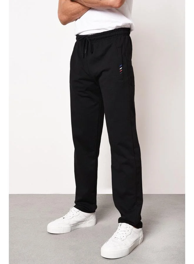 Mmetalic Black Men’s Sweatpants with Zip Pocket and Embroidered Detail, Straight Leg, Relaxed Fit