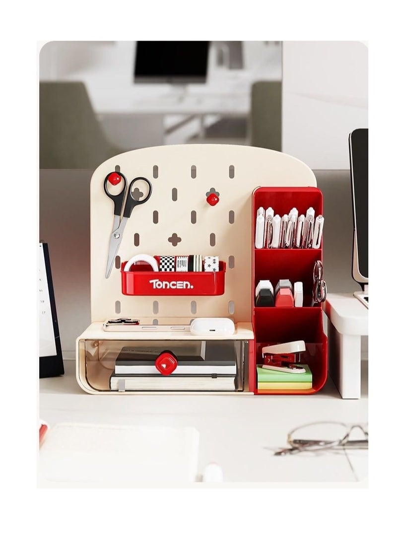 Desktop Storage Box - Multi-Functional Display Shelf with Pegboard, Drawer & Slanted Open Grids - Stationery & Cosmetic Organizer for Office/Home - Large Capacity DIY Desk Rack with Perforated Board（Red）  - Image 1