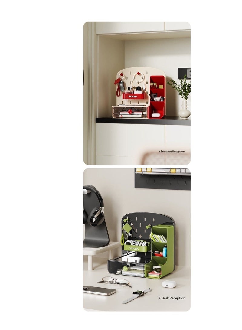 Desktop Storage Box - Multi-Functional Display Shelf with Pegboard, Drawer & Slanted Open Grids - Stationery & Cosmetic Organizer for Office/Home - Large Capacity DIY Desk Rack with Perforated Board（Red）  - Image 5