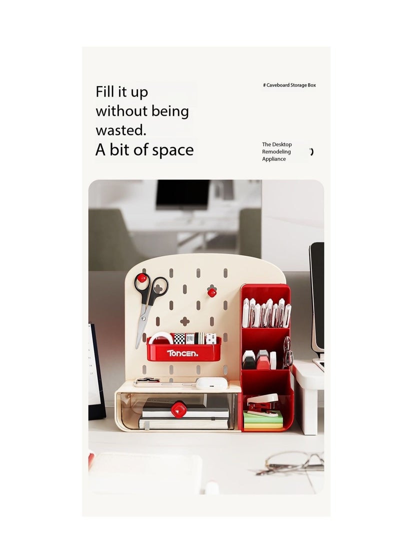 Desktop Storage Box - Multi-Functional Display Shelf with Pegboard, Drawer & Slanted Open Grids - Stationery & Cosmetic Organizer for Office/Home - Large Capacity DIY Desk Rack with Perforated Board（Red）