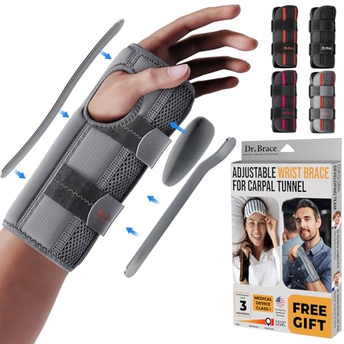DR. BRACE Adjustable Wrist Brace Night Support for Carpal Tunnel, Doctor Developed, Upgraded with Double Splint & Therapeutic Cushion,Hand Brace for Pain Relief,Injuries,Sprains (S/M Right Hand, Grey) - Image 1