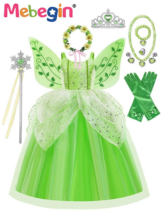MEBEGIN Fancy Tinkerbell Costume Set, Tinkerbell Princess Dress Up for Girls, Gorgeous Fairy Princess Dress, Green Fairy Girl Costume, Suitable for Birthday Party, Themed Party and Cosplay Activities  - Image 3