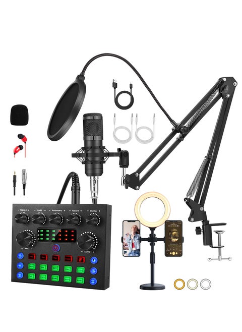 Podcast Equipment Bundle with Ring Light and Phone Holder, BM-800 Podcast Microphone Bundle with V8S Voice Changer, Condenser Microphone Recording Studio Package for Podcasting Streaming Recording