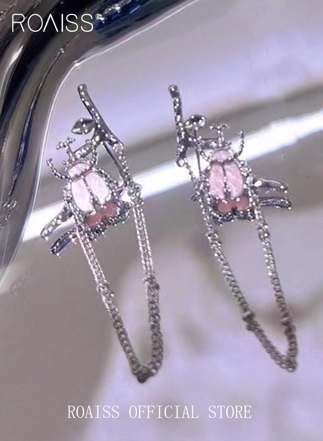 roaiss Women Tassel Earrings Tassel Chain Elements with Cherry Blossom Pink Color Design Personalized Stud Earrings Suitable for Formal and Casual Occasions  - Image 3