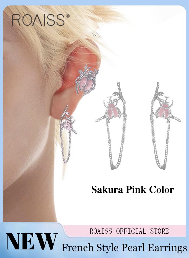 roaiss Women Tassel Earrings Tassel Chain Elements with Cherry Blossom Pink Color Design Personalized Stud Earrings Suitable for Formal and Casual Occasions  - Image 2