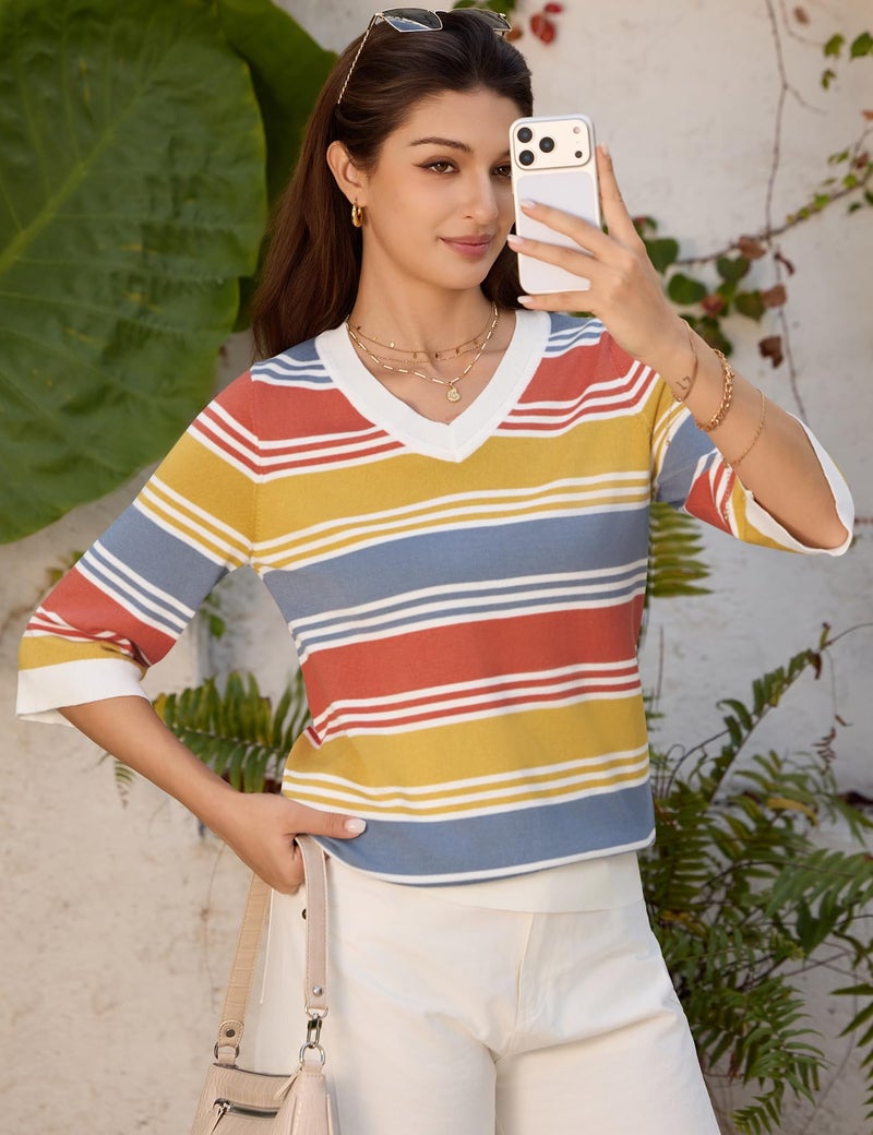 LUYAA Spring Tops for Women - V-Neck 3/4 Sleeve Sweaters - Light Basic Soft Knit Shirts M - Image 2
