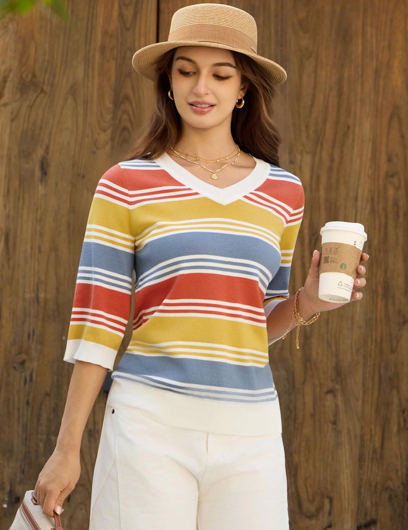 LUYAA Spring Tops for Women - V-Neck 3/4 Sleeve Sweaters - Light Basic Soft Knit Shirts M - Image 4